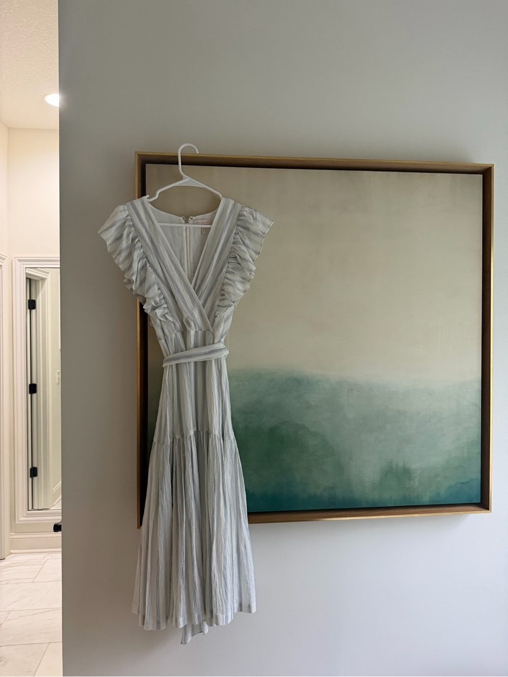 Rebecca Taylor White Striped Ruffle Midi Dress